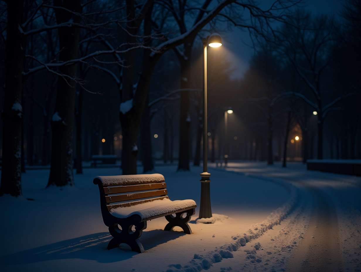 Person enjoying winter lampin' by a street light with snow falling gently around